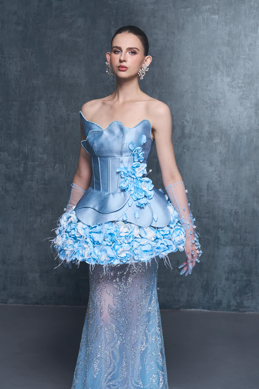Chateau Strapless Mesh and Floral Accents Gown