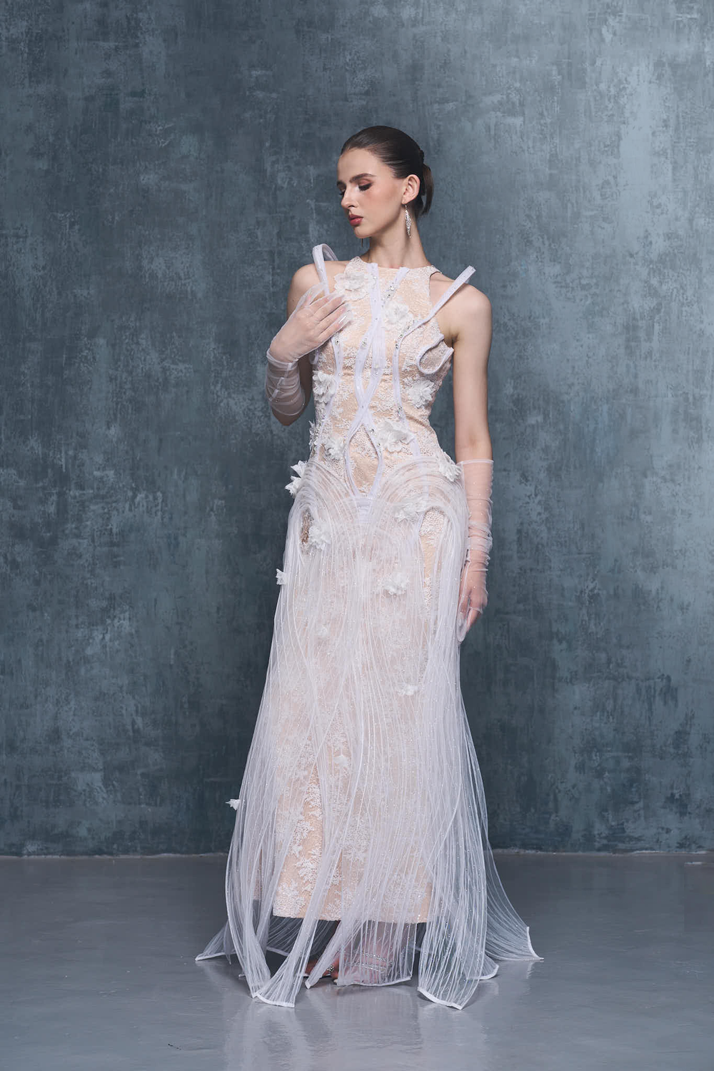 Esther Couture Lace Round-Neck 3D Pleated Plissé Maxi Dress