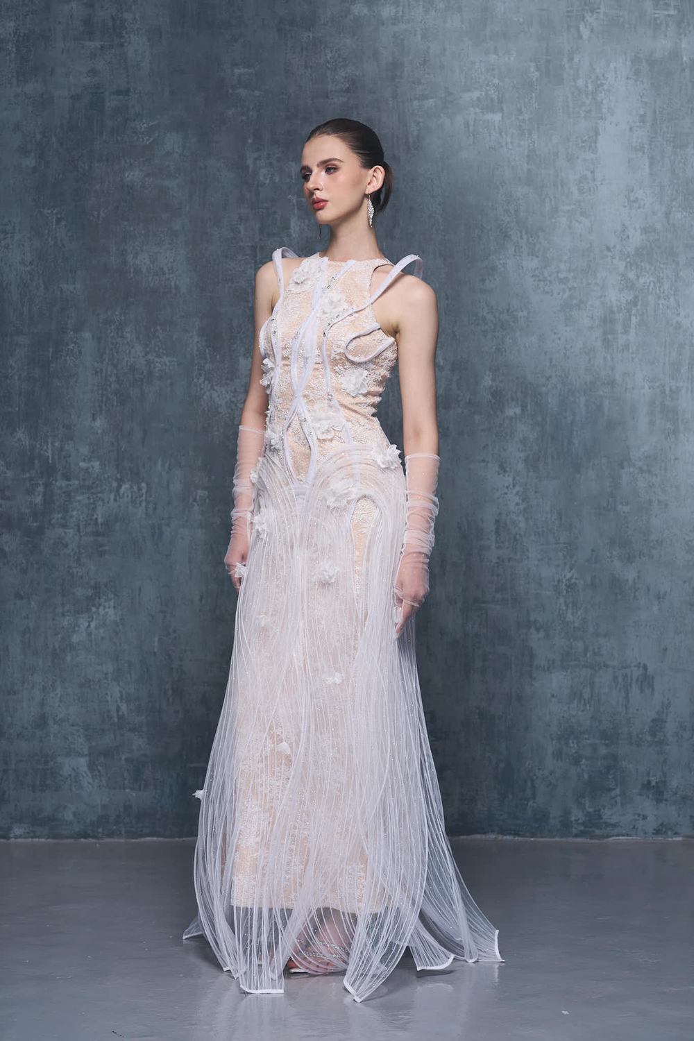 Esther Couture Lace Round-Neck 3D Pleated Plissé Maxi Dress