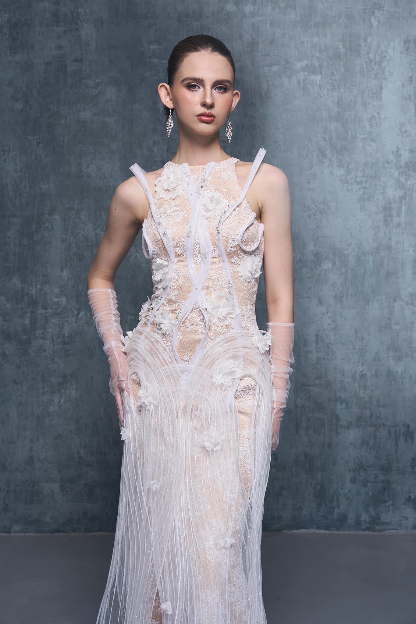 Esther Couture Lace Round-Neck 3D Pleated Plissé Maxi Dress