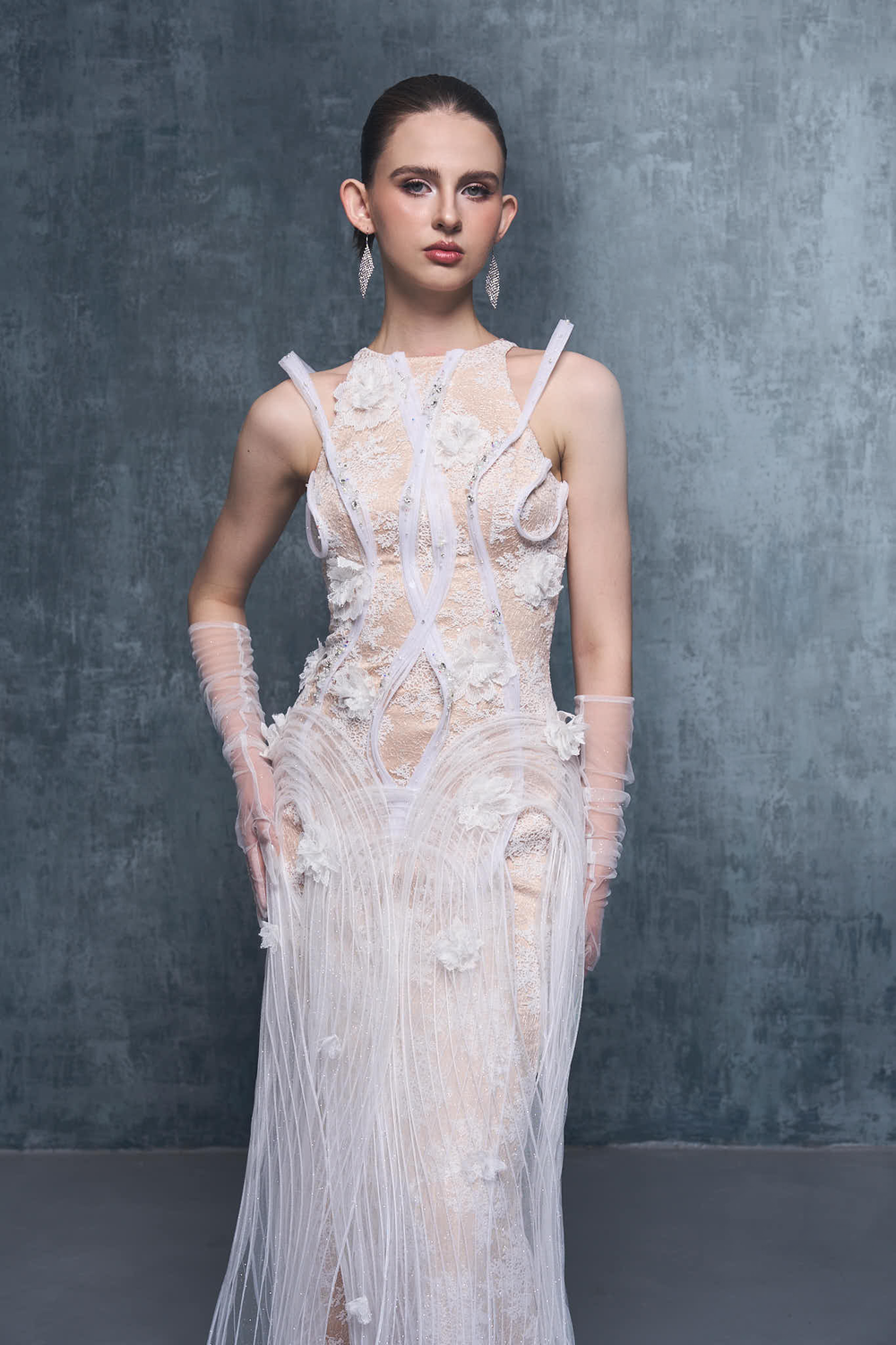 Esther Couture Lace Round-Neck 3D Pleated Plissé Maxi Dress
