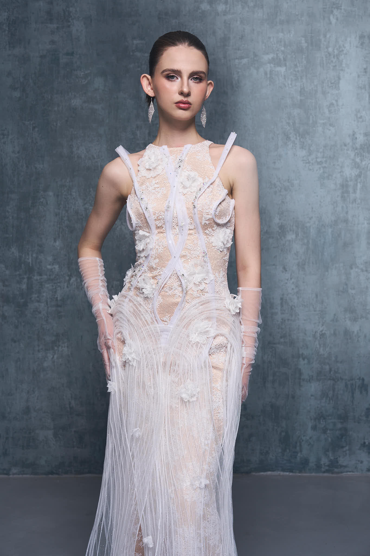 Esther Couture Lace Round-Neck 3D Pleated Plissé Maxi Dress